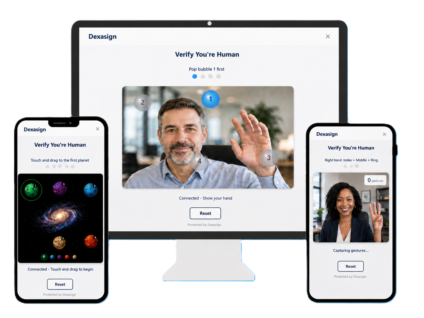 Dexasign Verify running across desktop and mobile — Touch Classic, Touch Space Mission, and Gesture modes